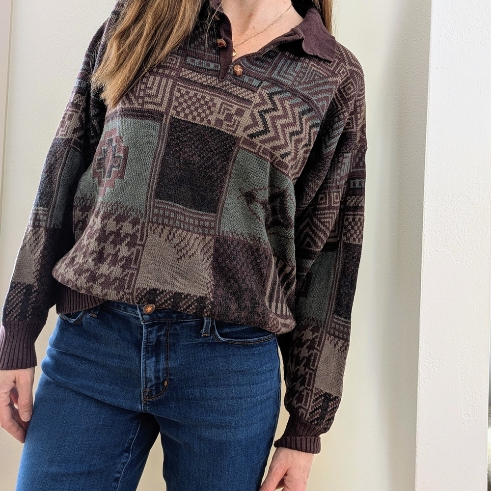 Vintage Abstract Geometric Patterned Wool Blend Henley Sweater In Lavender